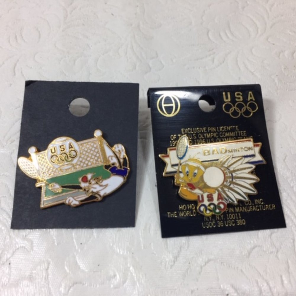 VTG TWO USA Olympic Enamel Pins Atlanta 1996 Tweety Bird Sylvester Cat 1.25"